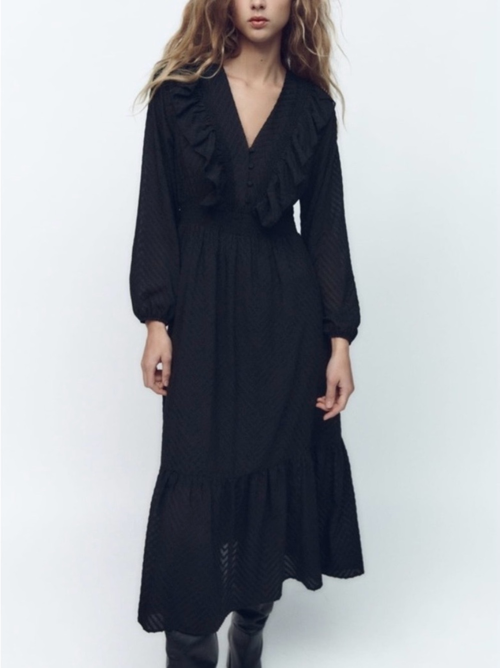 Zara black dotted mesh midi dress